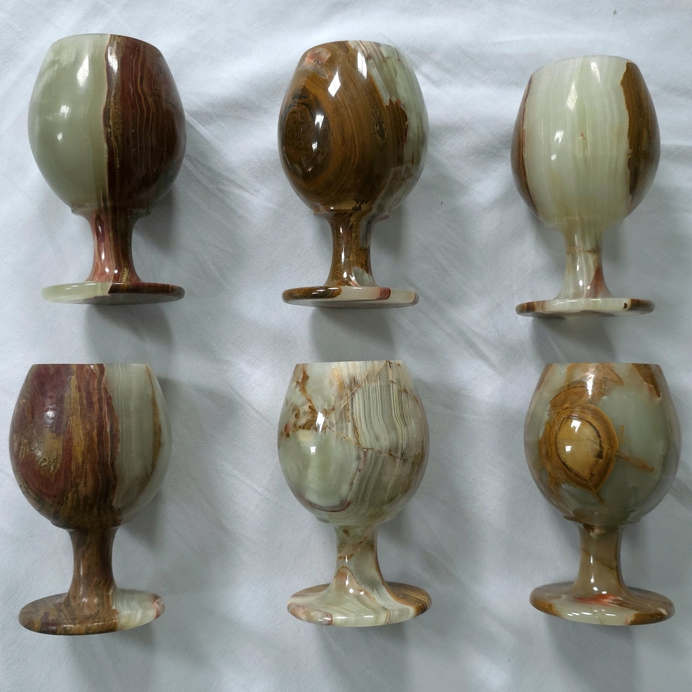 Lot Of 6 Vtg Genuine Marbled Onyx Gemstone Crystal Goblet Wine Glasses SO COOL!